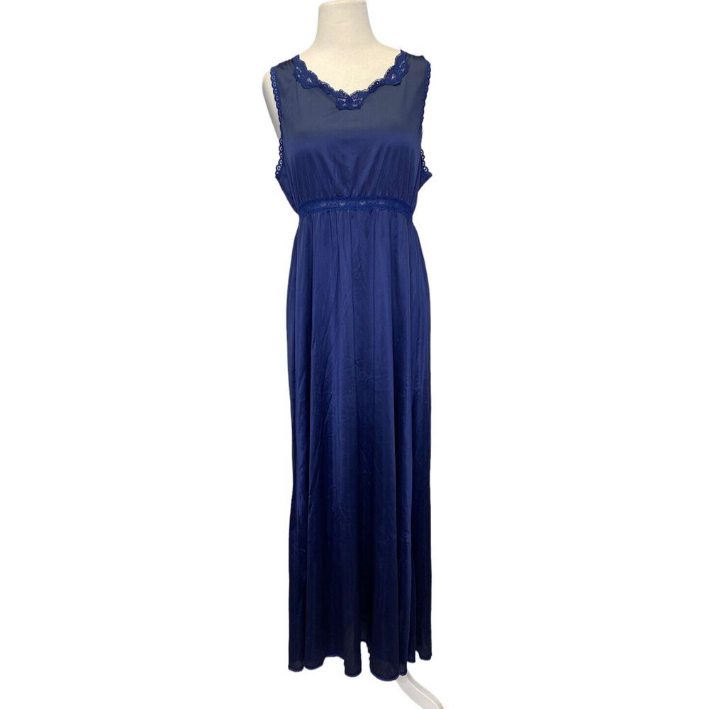 Vintage 70s Miss Elaine Large Open Back Nightgown‎ Navy Blue Tie Back Lace Boho